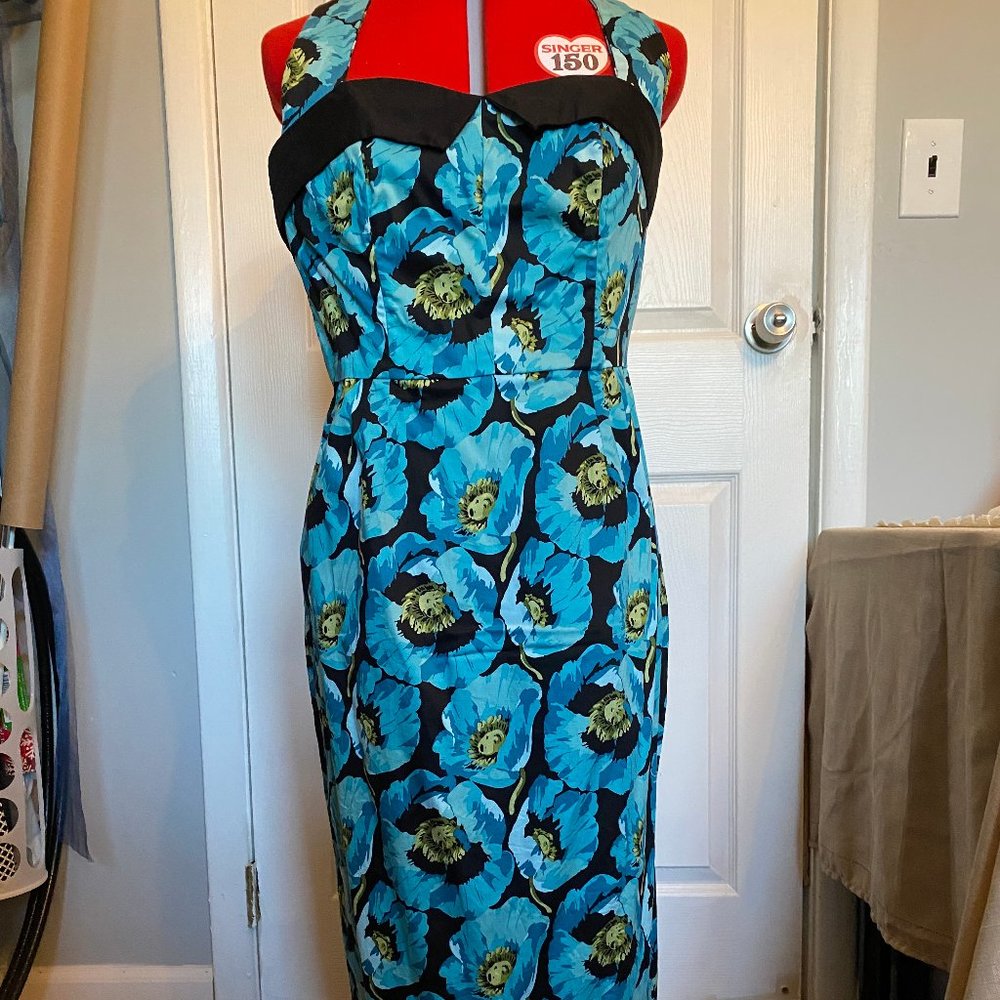 Rockabilly Pinup Blue Black Floral Tiki Halter